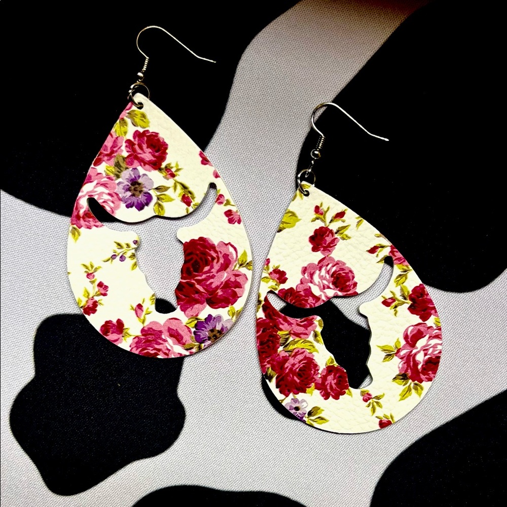 Steer faux leather teardrop pink floral earrings